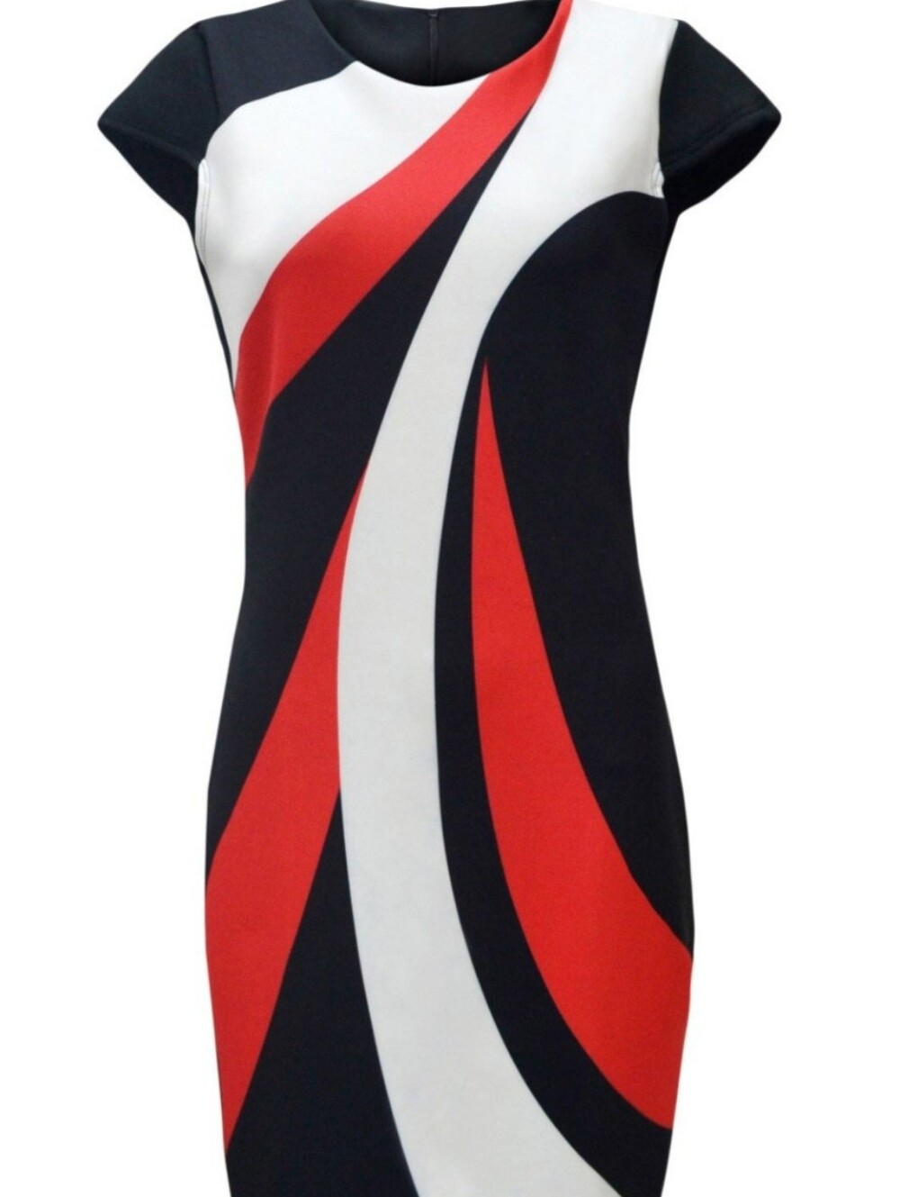 VENUS Black, Red and White Wave-Print Cap Sleeve Midi Dress